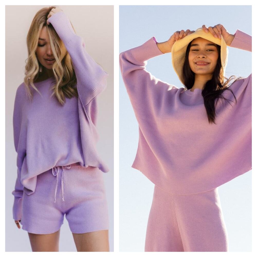 [The Lullaby Club] Lavender Purple Oversized Round Neck Ribbed Knit Sweater M/L